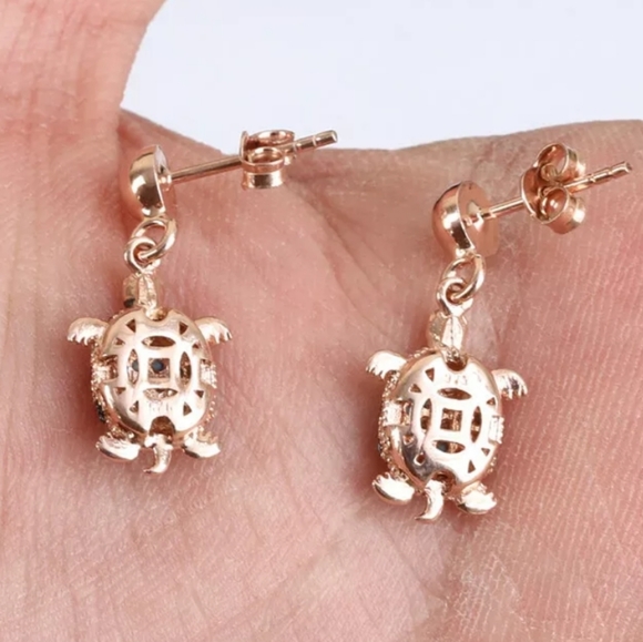 Gold turquoise & topaz turtle earrings - Picture 3 of 4